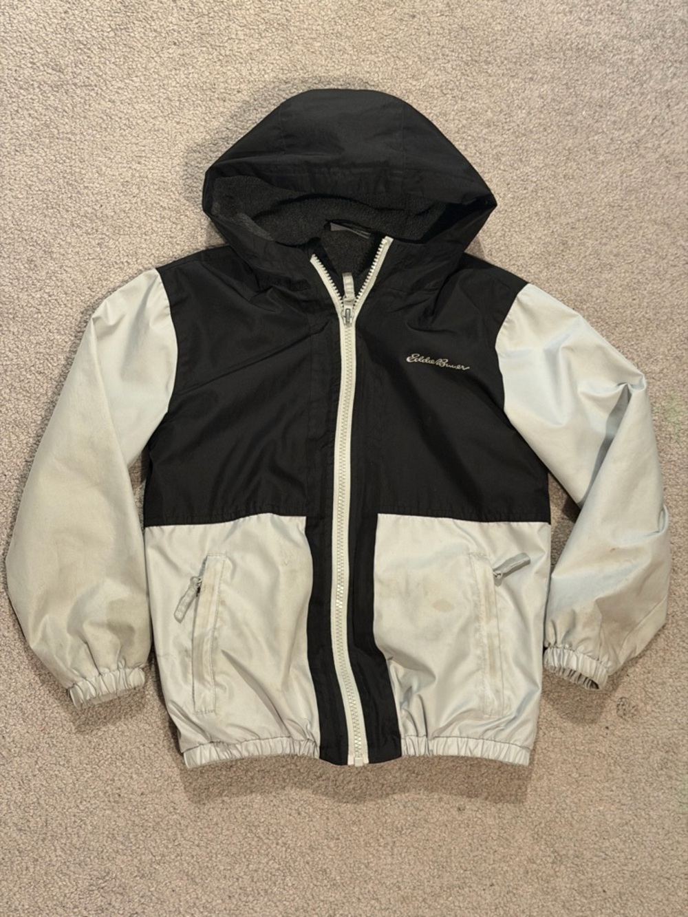 Eddie Bauer Hooded Fleece Lined Windbreaker Jacket - XS (5/6) - Black/Lt Gray